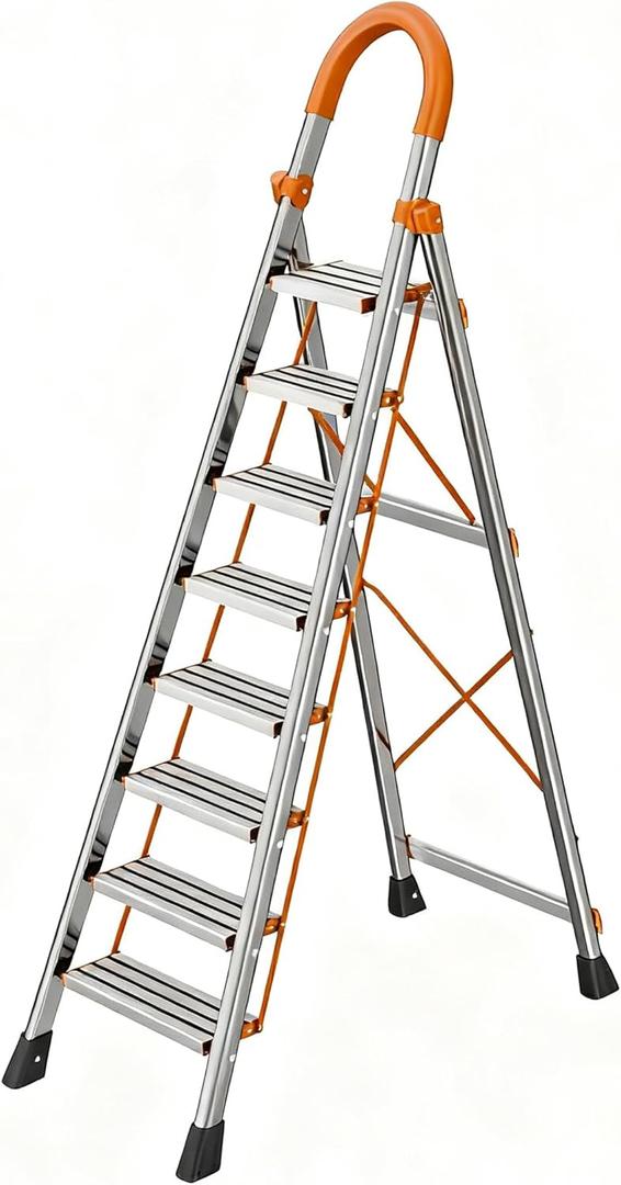 8 Step Ladder, Folding Ladder with Wide Anti-Slip Pedal, Sturdy Steel Step Stool, Convenient Handrail, Lightweight, Portable for Home, Kitchen, Garage