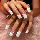Curved Nail Tips White French Tip Press on Nails Long Square Fake Nails Unique False Nails with Pink Bow Designs Cute Stick on Nails Glue on Nails for Women Girls 20Pcs