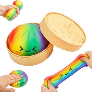 Rainbow Dumpling Fidget Toy with Steamer Box, Colorful Dumpling Stress Ball for Anxiety, Fun Surprise Baozi Bun Squishy Stress Relief Toys, Crazy Soft Dumpling Squeeze Toy for Kids and Adults Gifts