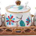 Ceramic Salt Sugar Bowls Set, Set of 3 Condiment Pots Seasoning Jar Spice Container with Lid Spoon and Tray for Home Kitchen Counter, Dishwasher Safe (Red)