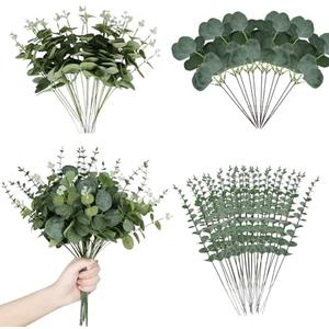 Coreland 120 Pcs 3 Kinds Mixed Artificial Eucalyptus Leaves Stems Fake Silver Dollar Eucalyptus Leaves Stem Bulk Faux Leaf for DIY Bouquets Floral Arrangement Wedding Home Decor