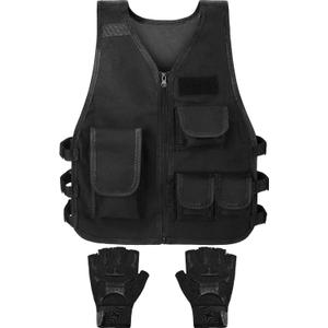 SATINIOR Tactical Vest Army Combat Vest Outdoor with Half Finger Fingerless Short Gloves Breathable (Kid Size, Cool Style)