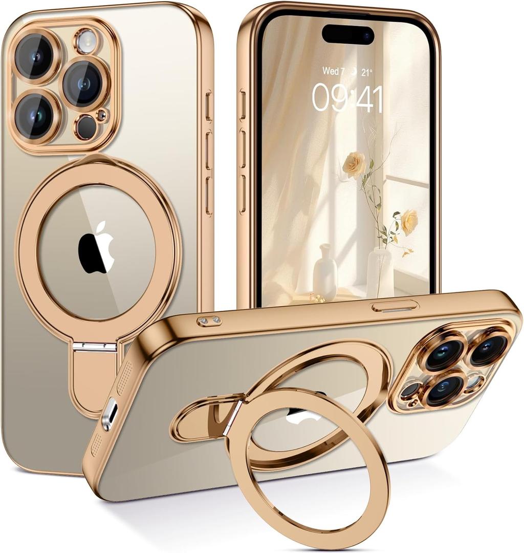 GUAGUA for iPhone 15 Pro Max Case with Stand, Magnetic Clear Cases Plating Edge Invisible Ring Holder Slim Shockproof Protective Kickstand Phone Case for iPhone 15 Pro Max 6.7'', Desert Titanium Gold
