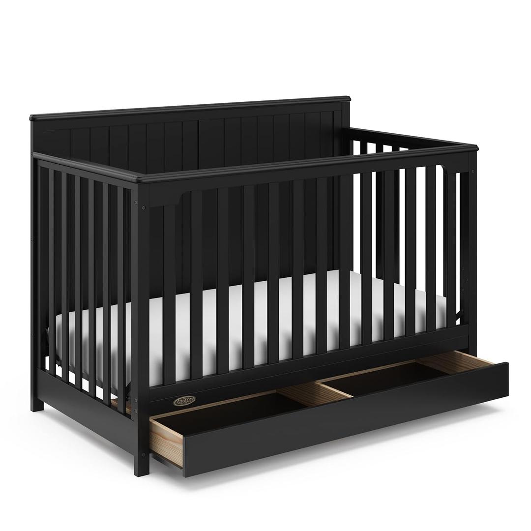 Graco Hadley 5-in-1 Convertible Crib with Drawer (Black)  Combo, Includes Full-Size Nursery Storage, Converts from Baby Crib to Toddler Bed, Daybed