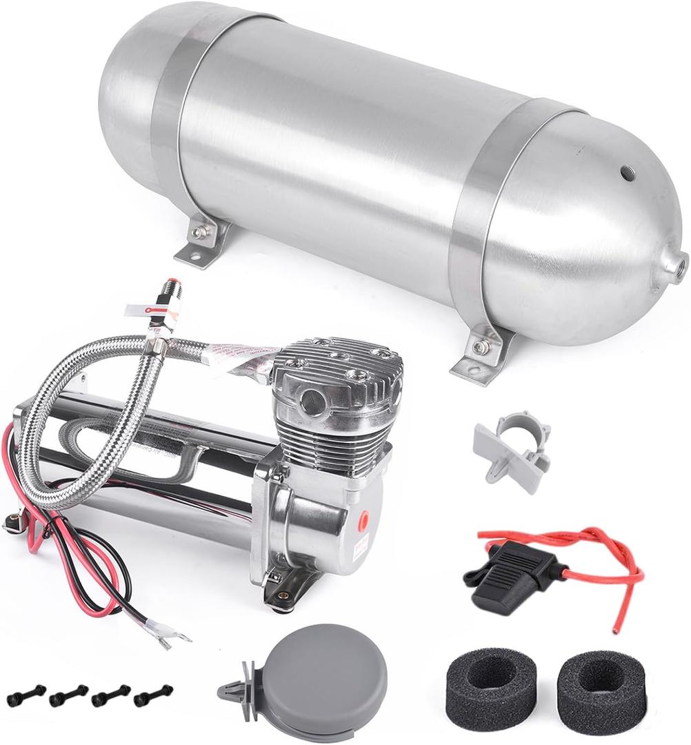 3 Gallon Aluminum Air Tank with 200PSI Air Compressor Kit 12V Air Horn Compressor Onboard System 1/4NPT for Train Cars Vehicles Semi Pickup Trucks Air Suspension Compressor Kit