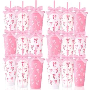 Skylety 24 Pcs Pink Bow Plastic Cups with Lid Straw and Ribbon Set, 24 oz Pink Bow Coquette Party Decorations Reusable Drinking Cups for Birthday Wedding Baby Shower Bridal Party