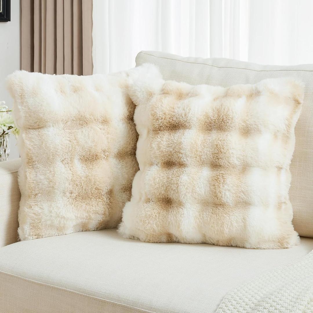 FUTEI Pack of 2 Faux Fur Throw Pillow Covers 26x26 Inch Soft Raised Textured Decorative Euro Pillow Shams Modern Farmhouse Accent for Couch Bed Living Room, Beige White