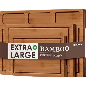 Kikcoin Bamboo Cutting Boards for Kitchen, (Set of 3) Kitchen Chopping Board with 3 Built-In Compartments and Juice Groove Heavy Duty Serving Tray Wood Butcher Block and Wooden Carving Board, Brown (Large)