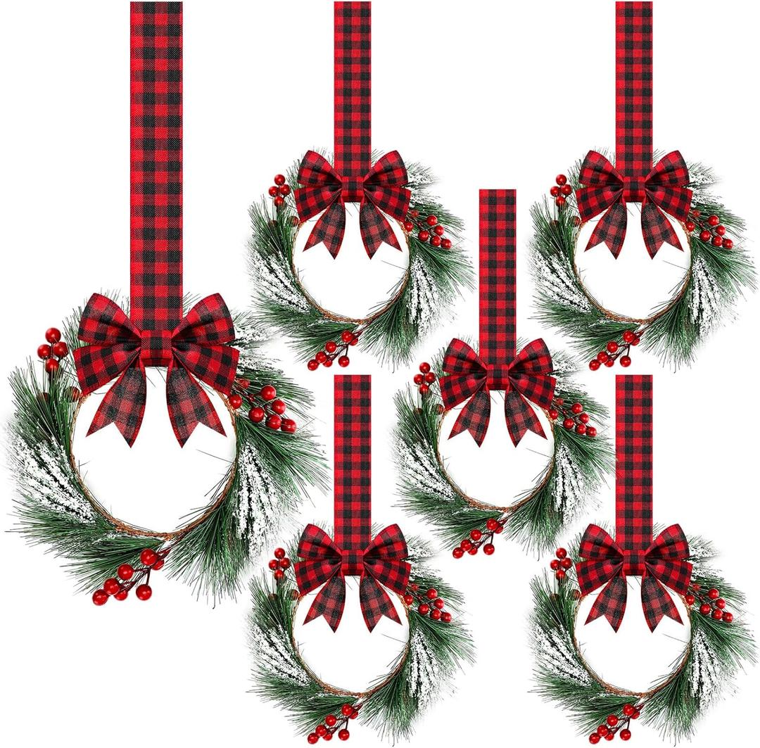 Crowye 6 Pcs Small Mini Christmas Cabinets Wreaths for Kitchen with Ribbon 10'' Hanging Artificial Green Leaves Decor Berry for Window Front Door Kitchen Wall Decor (Red and Black)
