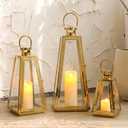 TRIROCKS Set of 3 Stainless Steel Candle Lantern 21/16/11''H Metal Outdoor Candle Holder Decorative Hanging Lantern with Tempered Glass for Home Living Room Parties Event Indoor Outdoor(Gold Triangle)