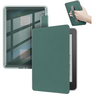 Case for Kindle Paperwhite 12th Generacin 2024 7" & Kindle Colorsoft Signature Edition 7", with Stickers, PU Cover + Transparent TPU Hard Back with Hand Strap, Auto Sleep/Wake, Dark-Green