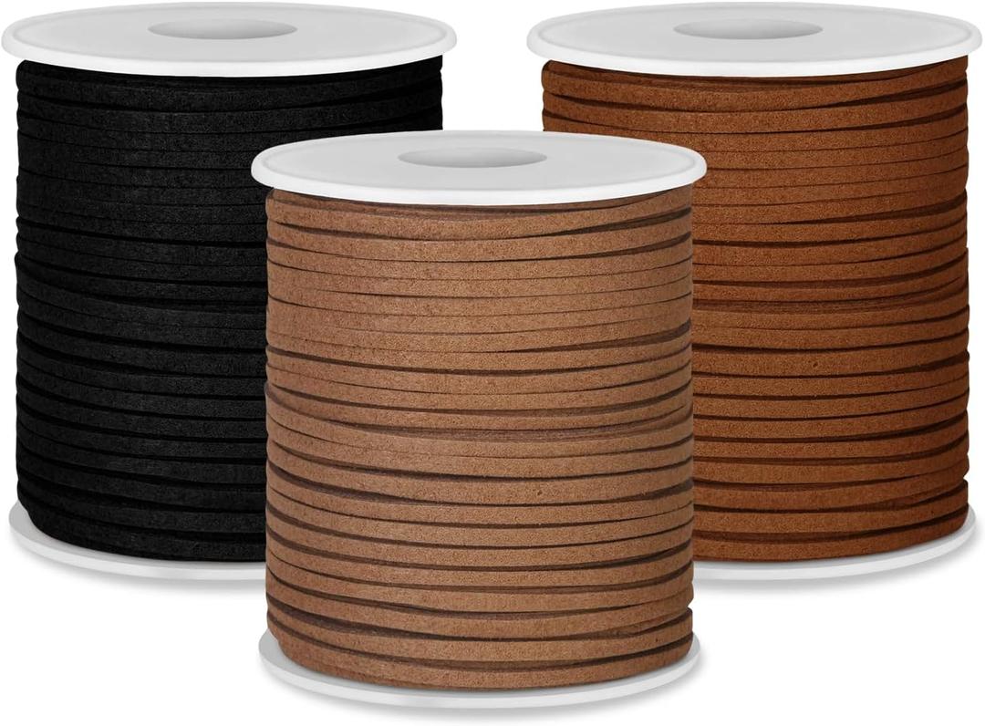 3 Rolls Flat Leather String Cord Faux Leather Suede Ribbon for Jewelry Making DIY Crafts Thin Leather String Cord for Bracelets Necklaces Shoe Accessories (Black, Light Brown. Coffee)