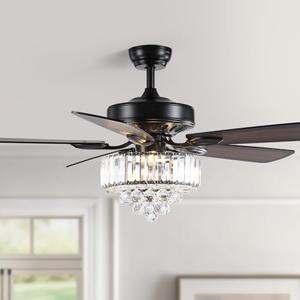 52 Inch Crystal Ceiling Fan with Lights and Remote Modern Black Chandelier Fan for Bedroom 5 Reversible Wood Blades Silent DC Motor Fandelier Ceiling Fans for Living Room Dining Room