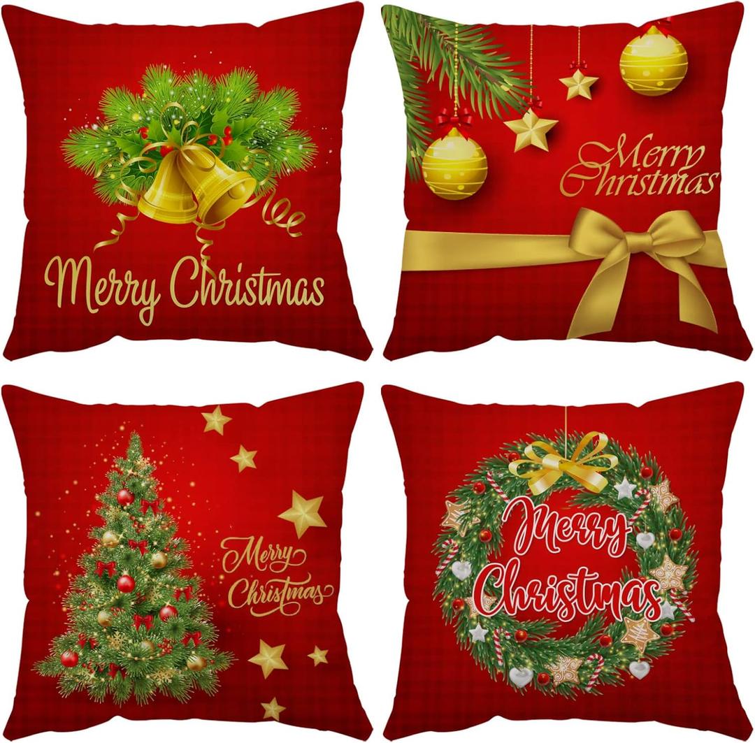 Merry Christmas Pillow Covers 18x18 Set of 4 Velvet Christmas Pillow Cases Red Green Xmas Winter Holiday Throw Pillow Covers Christmas Tree Cushion Covers for Outdoor Home Bed Sofa Couch(18 Inch)