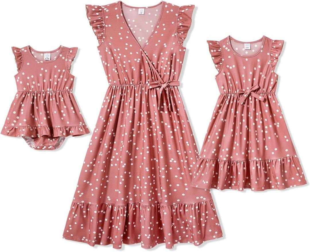 IFFEI Mommy and Me Dresses Outfits Family Matching Dots Pink Ruffle Flutter-Sleeve Dress for Mother and Daughter 9-12M Pink