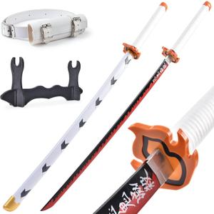 Demon Slayer Sword 41inch,with Display Stand and Belt, Rengoku Sword/Tanjiro Sword/Zenitsu Sword/Anime Original Texture,for Demon Slayer Cosplay and Collection,Various Styles (Red)
