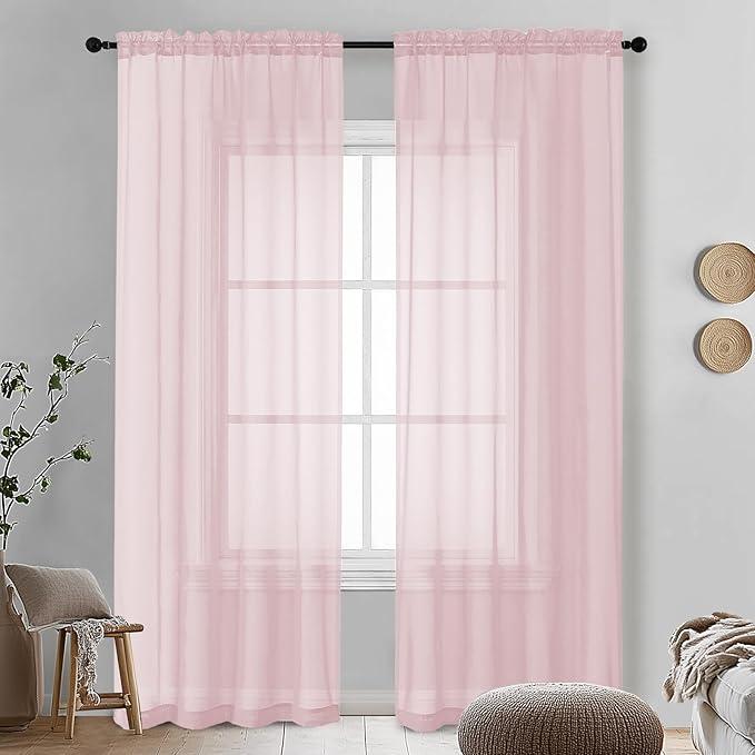 OVZME Blush Pink Sheer Curtains 90 Inches Long 2 Panels - Soft Light Filtering Window Sheer Panels for Living Room/Bedroom, Top Dual Rod Pocket, 1 Pair, Each 42Wx90L Inches