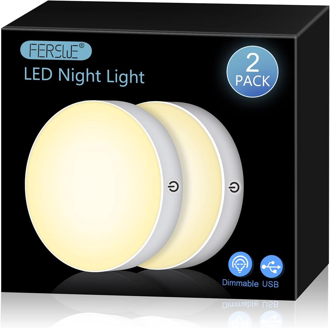Ferswe Dimmable Touch Lights, 3000K Rechargeable Tap Light with 1000mAh Large Battery, Stick on Lights for Closet, Cabinet, Shelf, Wall and Desk(2 Pack)