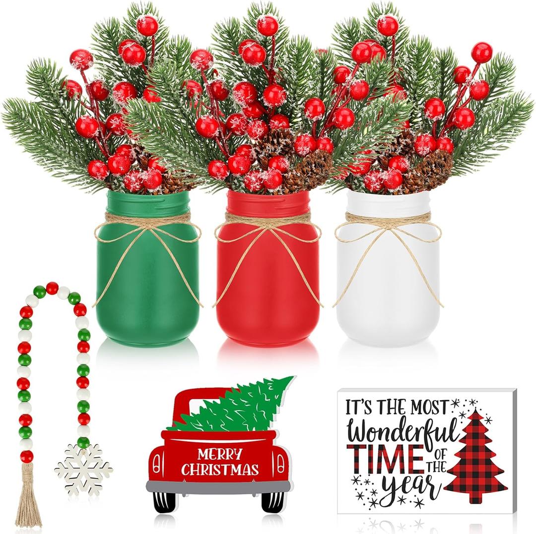Jexine 12 Pcs Christmas Mason Jar Centerpieces Table Decor with Artificial Snow Pine Cone Red Berry Xmas Wooden Sign for Holiday Farmhouse Home Dining Table Kitchen Tiered Tray Decor