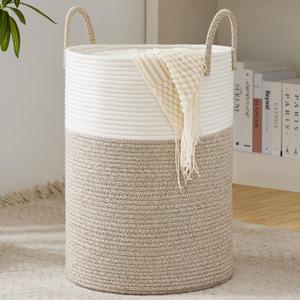 Cotton Rope Laundry Basket by YOUDENOVA, length 8.4 inches Woven Collapsible Laundry Hamper, Clothes Hamper with Reinforced Handles in the Laundry Room, Bedroom, Bathroom, Brown