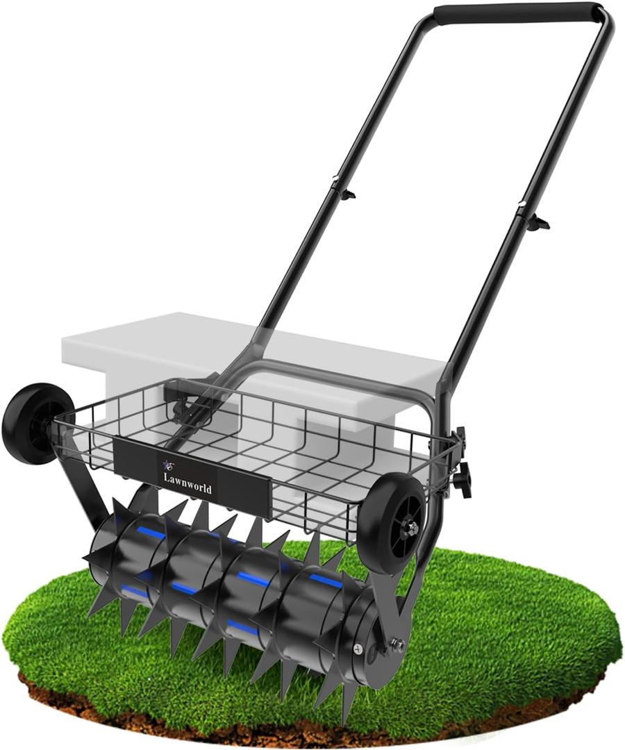 2-in-1 Rolling Lawn Aerator & Lawn Roller, Removable Gear Spikes for Easy Switch, Up to 100 lbs Capacity, Heavy Duty Yard Aerator with Support Wheels for Grass & Soil, Lawn Care