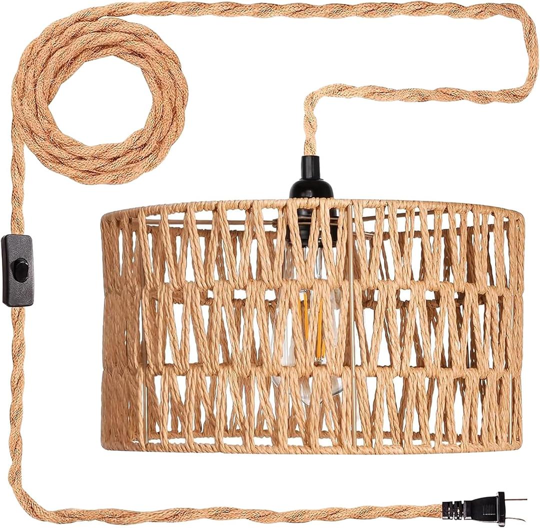 Rattan Hanging Lights with Plug in Cord - Wicker Bohemian Hanging Light - Boho Chandelier Pendant Light Fixture - Hand Woven Cage Shade - Outdoor Farmerhouse Rattan Plug in Pendant Light (Model-2)