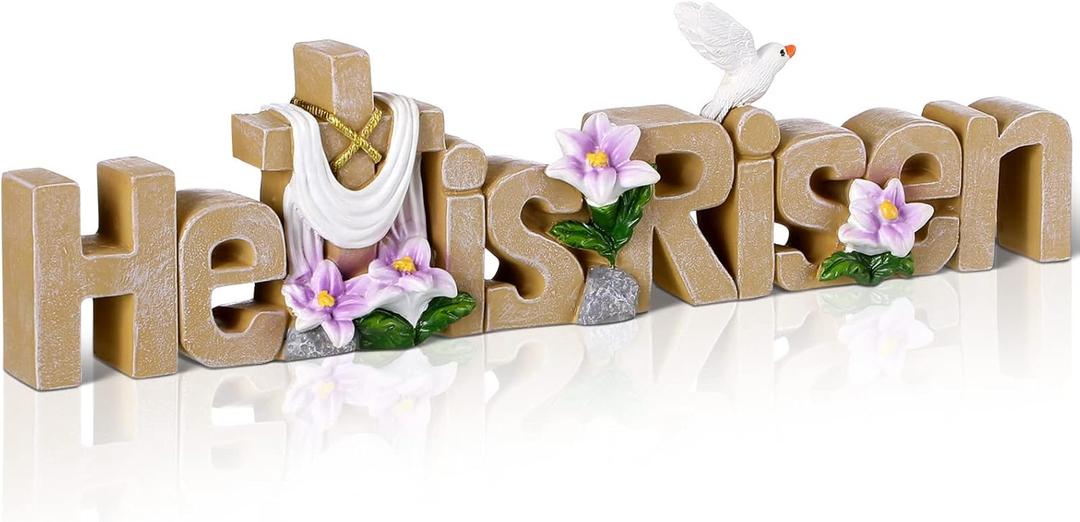 Maitys He is Risen Table Top Decoration Christian Resin Sign Cross Dove Flowers Easter Table Decor Centerpieces Decorations for Home Dining Room Spring(Natural)
