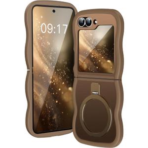 [Magnetic Stand & Wave Frame] Case for Samsung Galaxy Z Flip 6/5 [Fit for MagSafe] [Military Drop Protective] Not Yellowing Translucent Z Flip 6/5 Phone Ring Cover for Women Men 6.7" Desert Gold