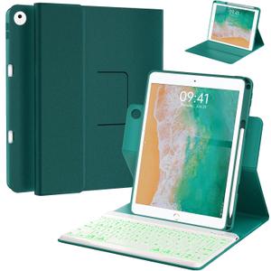Keyboard Case for iPad 9.7 inch 5th 6th Generation,iPad Air 2 360 Rotatable Keyboard Case with Pencil Holder(2018/2017/2014),7 Color Backlit Removable Bluetooth Keyboard Smart Folio Cover(Teal)