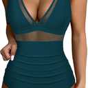 SUUKSESS Women Slimming Tummy Control One Piece Swimsuits Sexy Mesh High Waisted Monokini Bathing Suits (Blue, L)