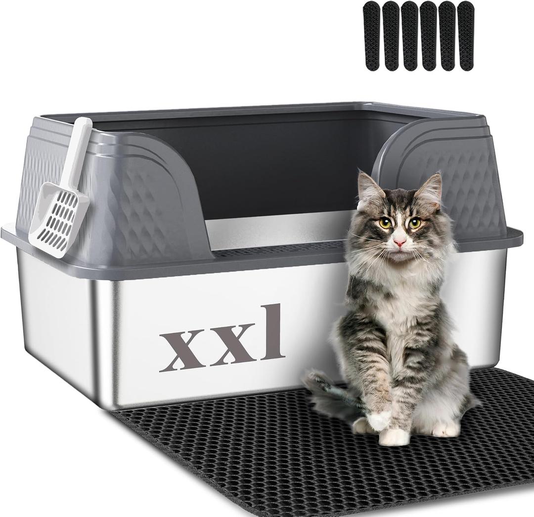 Suhaco XXL Stainless Steel Litter Box with High Sided Deep Side Entry Deep Extra Large Metal Litter Box Included Mat & Scoop Anti-Urine Leakage Cat Litter Boxes for Big Cats (Grey)