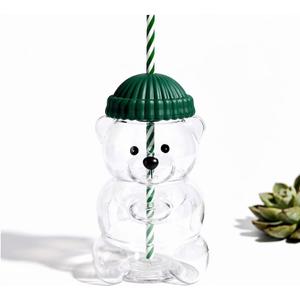 Cute Bear Glass Tumbler with Straw and Lid, Reusable Clear Drinking Cup, Aesthetic Iced Coffee Juice Water Glass Cup (Green)