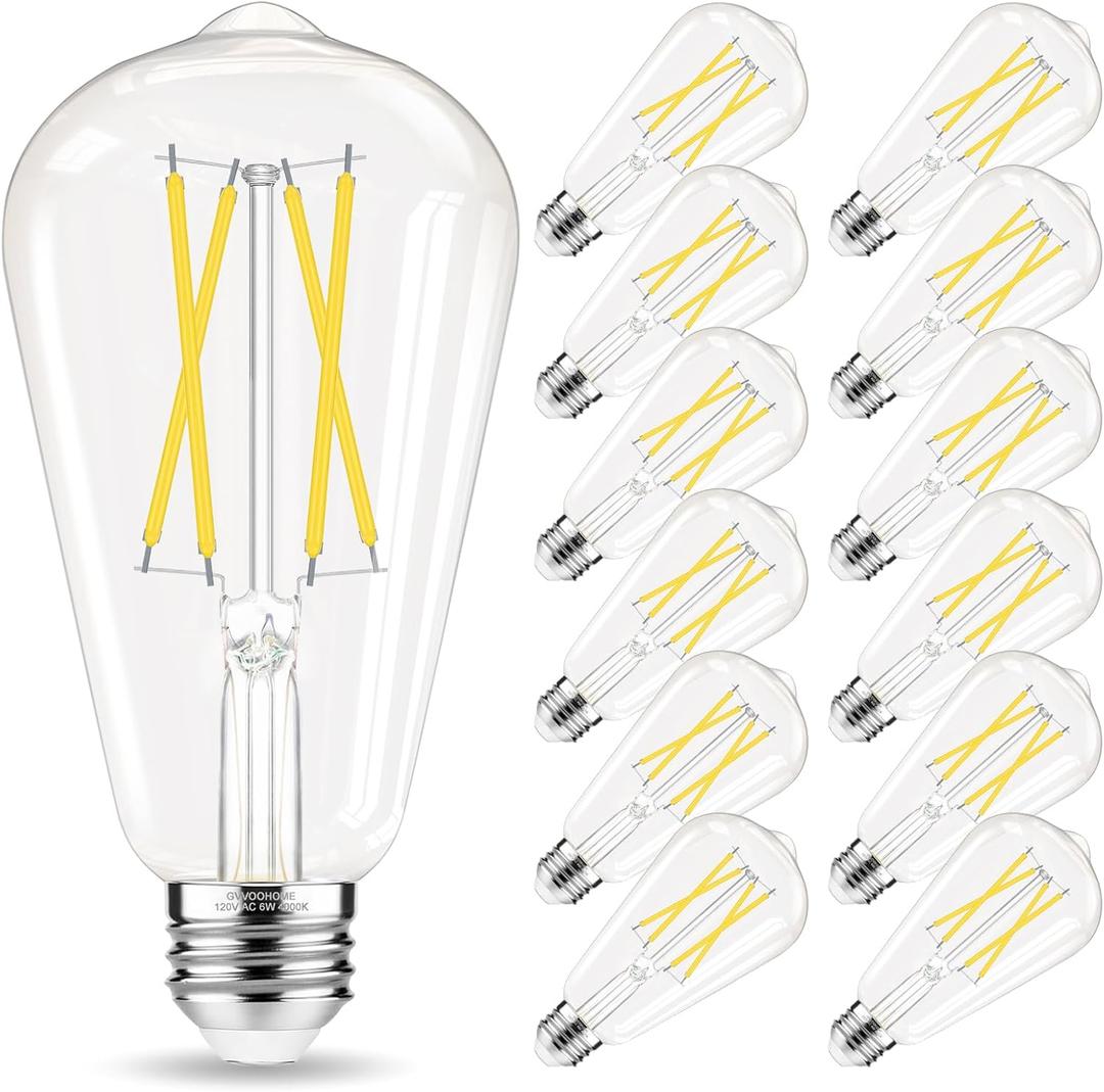 GvvooHome Edison Bulbs 60 watt Equivalent LED, E26 LED Bulb Non-Dimmable, 4000K Daylight White, ST58 Vintage Light Bulbs, 90+ CRI, 6W 600LM, E26 Medium Base, Clear Glass, 12 Pack