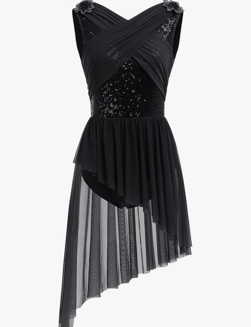 AFAVOM Women's Lyrical Dance Costume Sequin Flower Lyrical Dress Asymmetric Flowy Tulle Skirt Contemporary Dance Costumes, XS