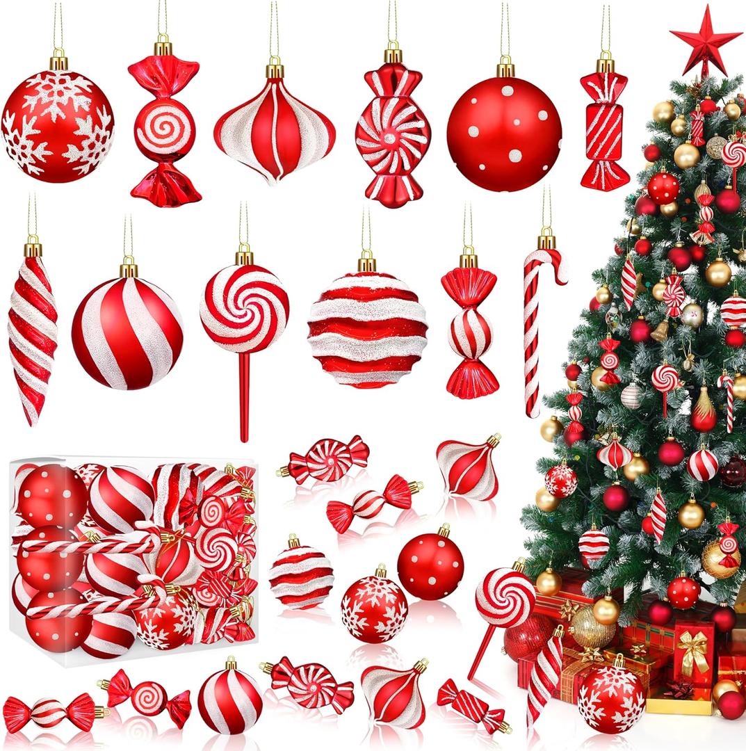 Christmas Ornaments Candy Lollipop Set -48Pcs for Xmas Tree Decoration Hanging Plastic Gloss Candy Canes Ball Pendants for New Year Home Decor Party Supplies (Red)