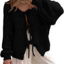 PRETTYGARDEN Women's Tie Front Bow Cardigan Sweaters Chunky Knit Long Puff Sleeve Trendy Fall Winter Jacket Coats (Large, Black)