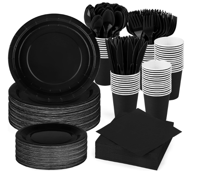 Party Set Of Guests Black Paper Plates 9 Inch,Bulk Black Paper Plates Cups Napkins and Tablecloth,Disposable Cake Plates Paper Plate Black for Birthday Wedding Party