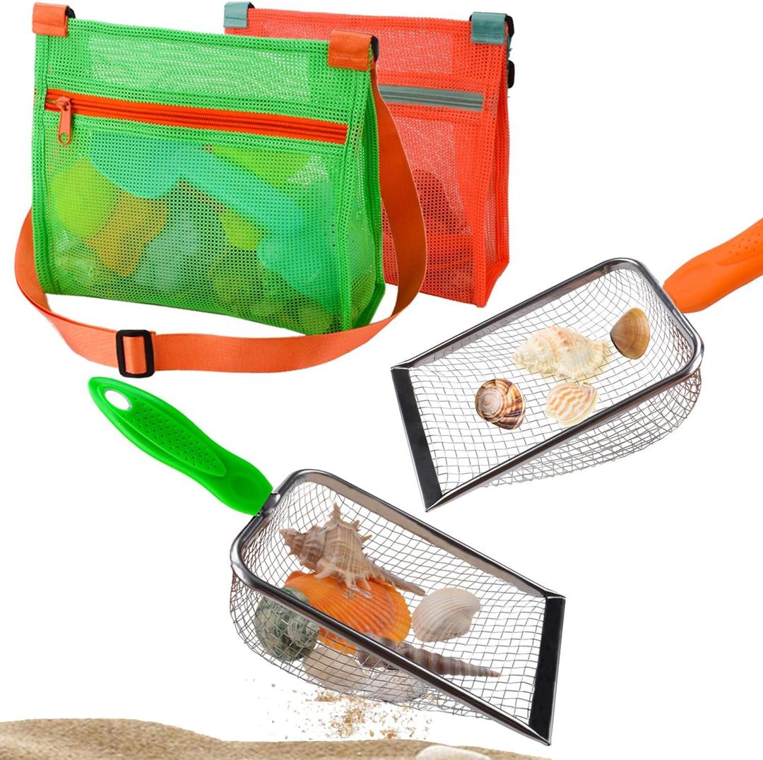 Beach Mesh Shovel with Mesh Shell Bags, Kids Filter Sand Scooper for Picking Up Shells,Shark Tooth Sifter Dipper for Boys and Girls,Beach Toys Accessories (Orange+Green)