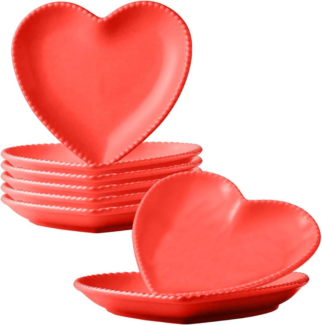 Ceramic Plates, 8 Pack Ceramic Dinner Plates Heart Dishes, Dessert Salad bowls For Appetizer, Steak, Snacks, Microwave & Oven Safe (Red)
