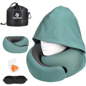 Travel Pillow - Hooded Neck Pillow Airplane Memory Foam Filling for Plane, Office, Cars Sleeping, Road Trip, Long Flights, Airplane Travel Essentials, Includes Eye Mask & Earplugs (Green)