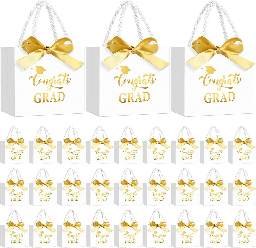 Moinchore 30 Pcs Graduation Gift Bags Bulk 5.5 x 4.7 x 2.5'' Small White and Gold Class of 2026 Treat Bags with Handles Bow Ribbon Congrats Grad Paper Party Favor Decorations for College High School