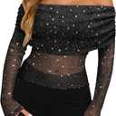 FEMLE Women Sparkly Off The Shoulder Sheer Mesh Tops Glitter See Through Long Sleeve Foldover Top Party Concert Outfits (Blue, XL)