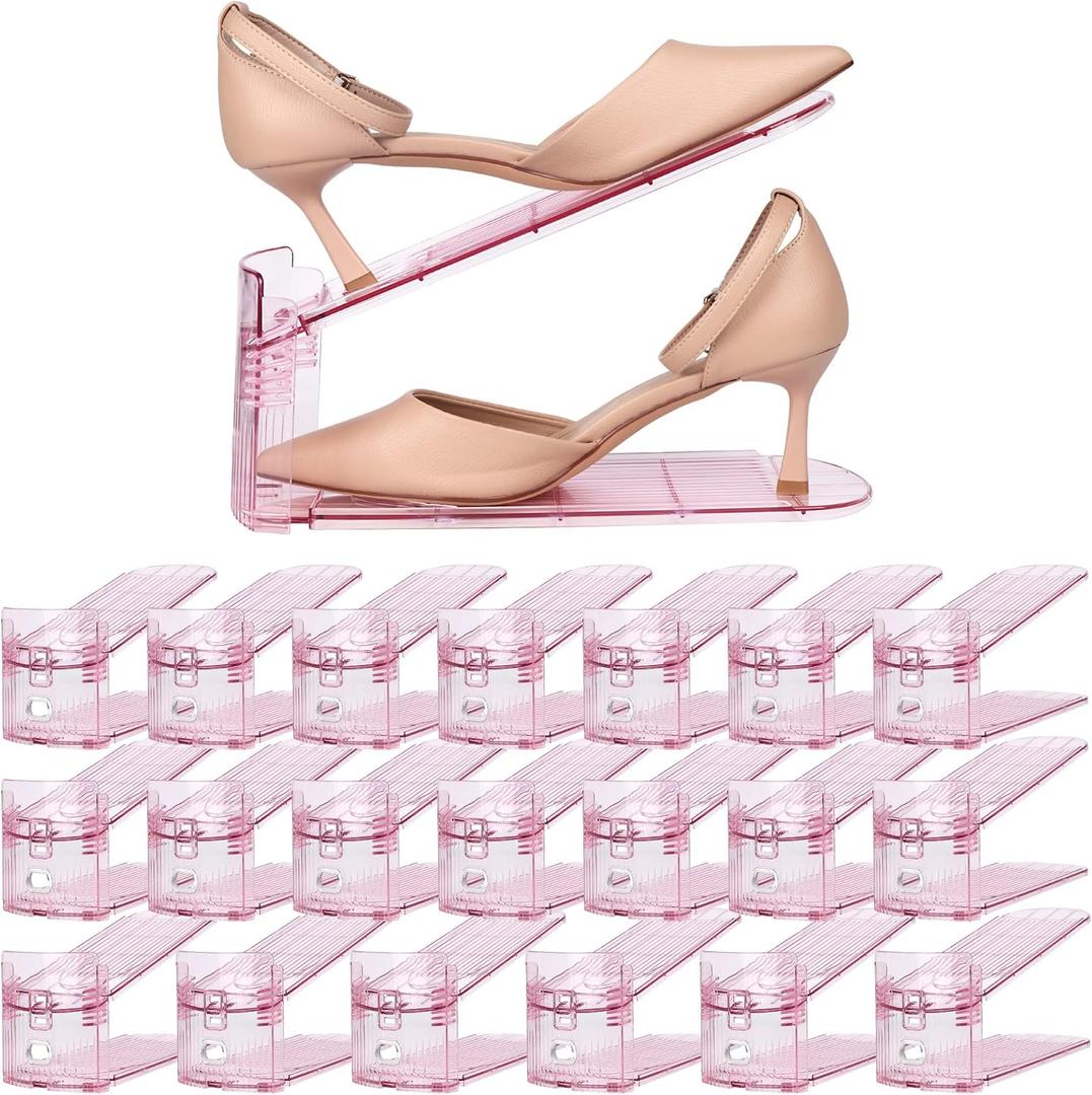 Yes!Fresh Shoe Slot Organizer, Boutique Display Style Shoe Stacker for A Pair of Shoes, Separable Shoe Rack for Closet Organization, 3 Adjustable Narrow Shoe Rack (Pink, 20 Pack)
