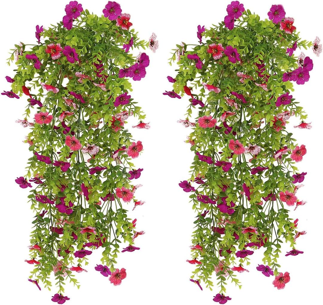 Artificial Hanging Flowers for Outdoors,2 Pack Silk Fake Plant UV Resistant Faux Flower for Front Door Porch Planter Patio Yard Garden(Pink Purple)