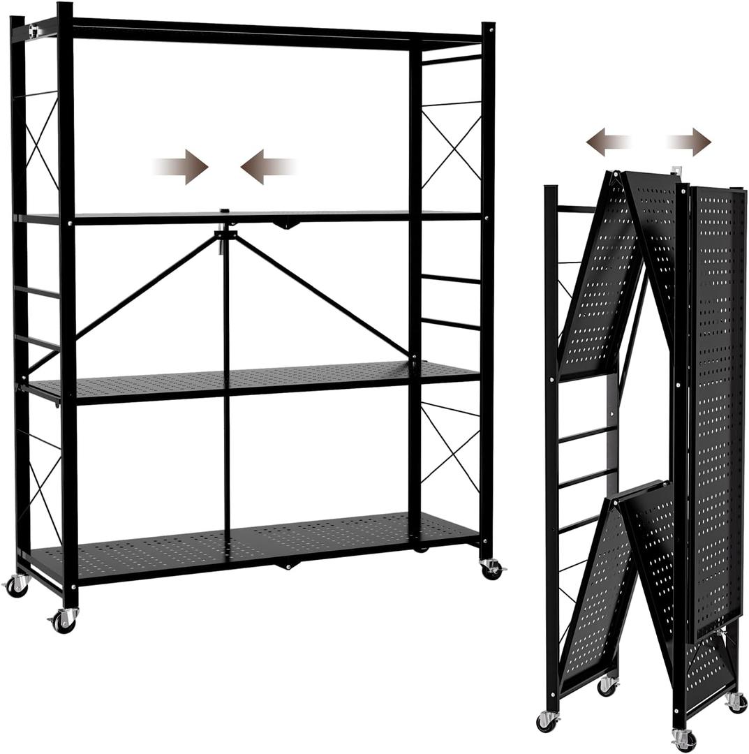 39.4" Wide 4-Tier Foldable Storage Shelves with 4 Wheels & 20 Hooks, Heavy Duty Metal Folding Shelf Unit, No Assembly, Adjustable 3rd Shelf for Kitchen, Garage, Pantry, Bookshelf, Black