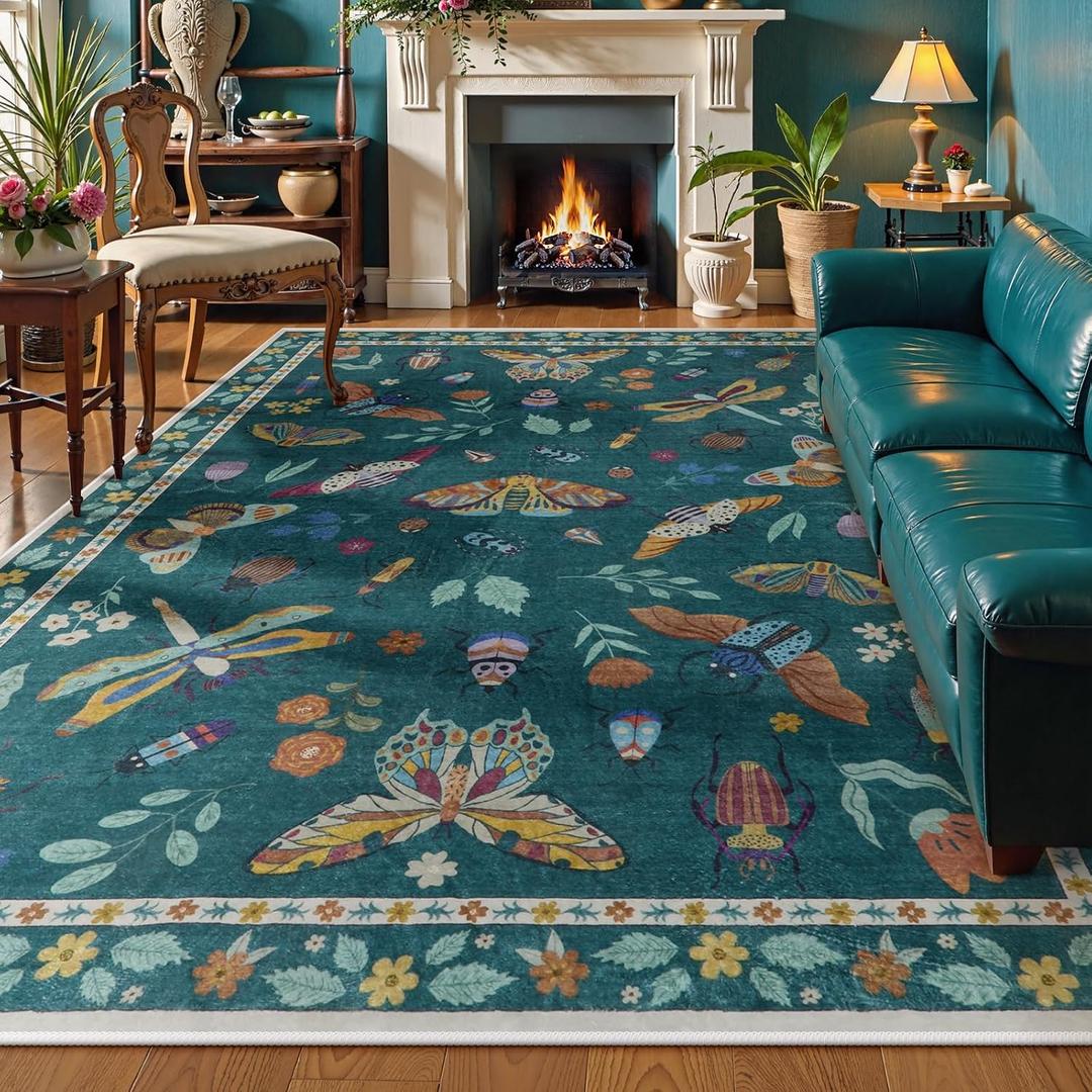Lahome Insect Washable Rugs 8x10, Soft 8x10 Area Rugs for Living Room, Non Slip Bedroom Rug Under Bed Ultra-Thin Large Carpet for Dining Room Office Playroom Vionnet(8'x10',Dark Green)