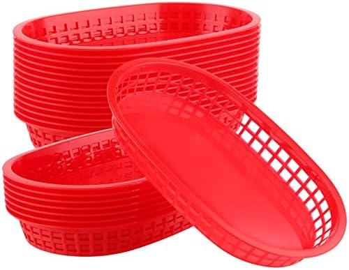 KOHAND 20 Pack 11 x 7 Inch Red Fast Food Basket, Plastic Oval Shaped Fast Food Serving Basket, Deli Food Service Basket for Bread, Hot Dog, Burgers, Sandwiches, Fries, Barbecues