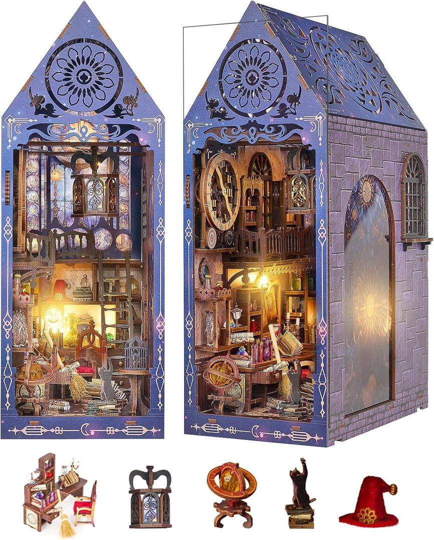 DIY Book Nook Kit, Magic Dollhouse Kit DIY Miniature House Kit for Adults Teens, Booknook Bookend Bookshelf Decor,3D Wooden Puzzle with LED & Dust Cover, Easter Halloween Home Decor Birthday Gifts