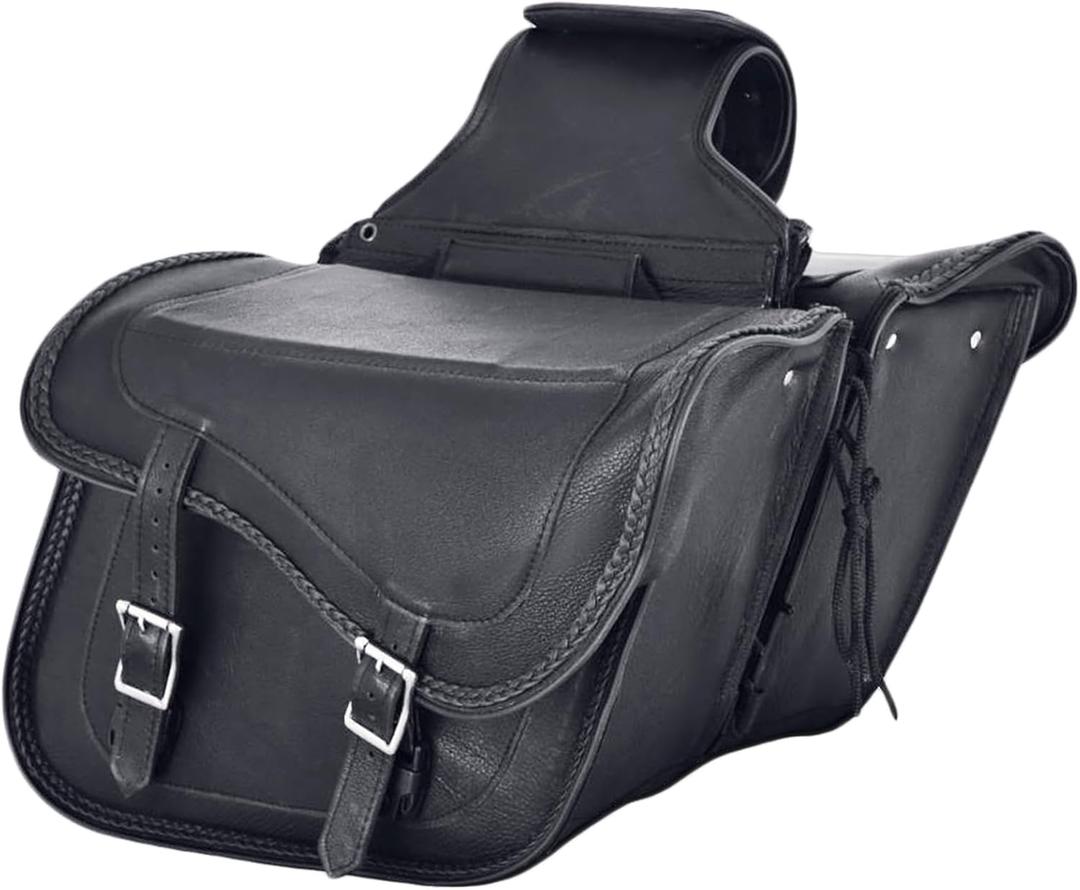 Dream Apparel Naked Cowhide Leather Motorcycle Saddle Bags Studded Throw Over Saddlebags, Motorcycle Side Bags for Honda Shadow Sportster Softail Dyna V-star (Black, No Studs)