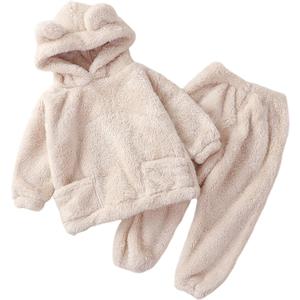 Arssm Girl Pants Sets Two Pieces Outfit Kids Bear Ear Fuzzy Fluffy Hoodie Sweatshirt with Fleece Sweatpants (4T, Beige)